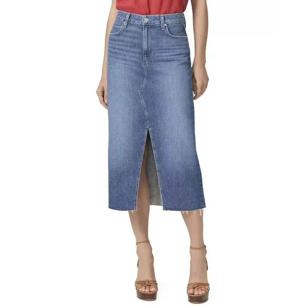 New Paige Meadow Midi Skirt Front Slit Sedna Distressed Size 31